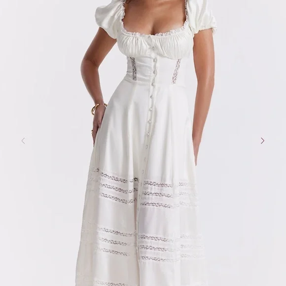 House of CB EVIANA Ivory Real Silk Puff Sleeve Dress SIZE XS REG CUP - Picture 2 of 5